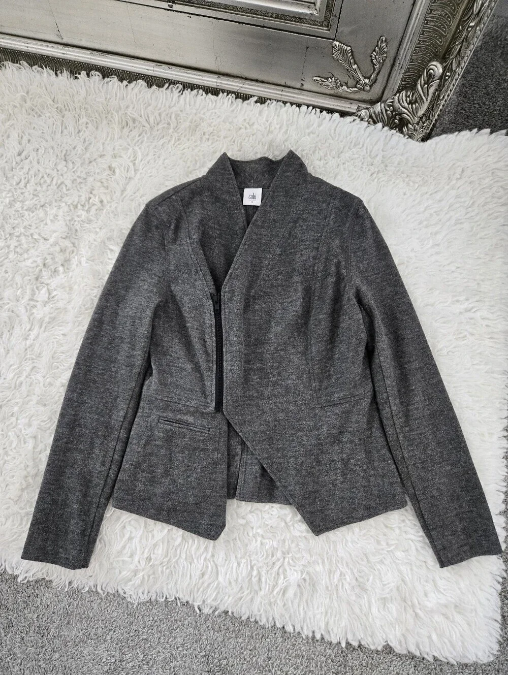 CAbi #3556 Gray Rebel Motto Asymmetrical Zip Up Ponte Knit Jacket Size small